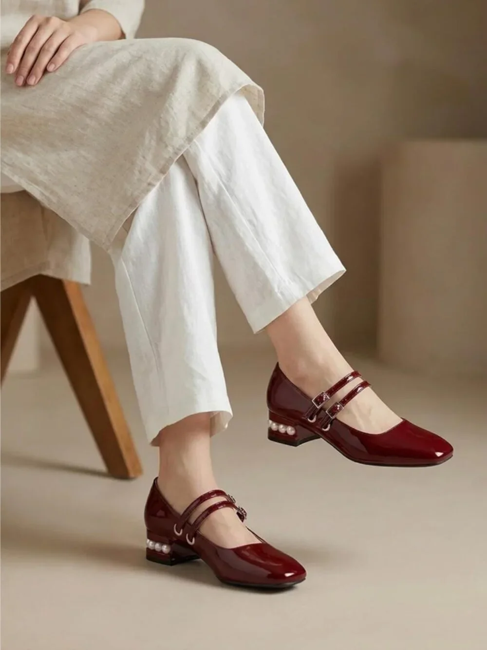Women's Pearl Burgundy Mary Jane Low Pearl Heels Square Toe Pumps Ballet Shoes - Picture 2 of 6